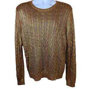 Lauren Ralph Lauren Metallic Gold Cable Knit Sweater XL Crew Neck Long Sleeve